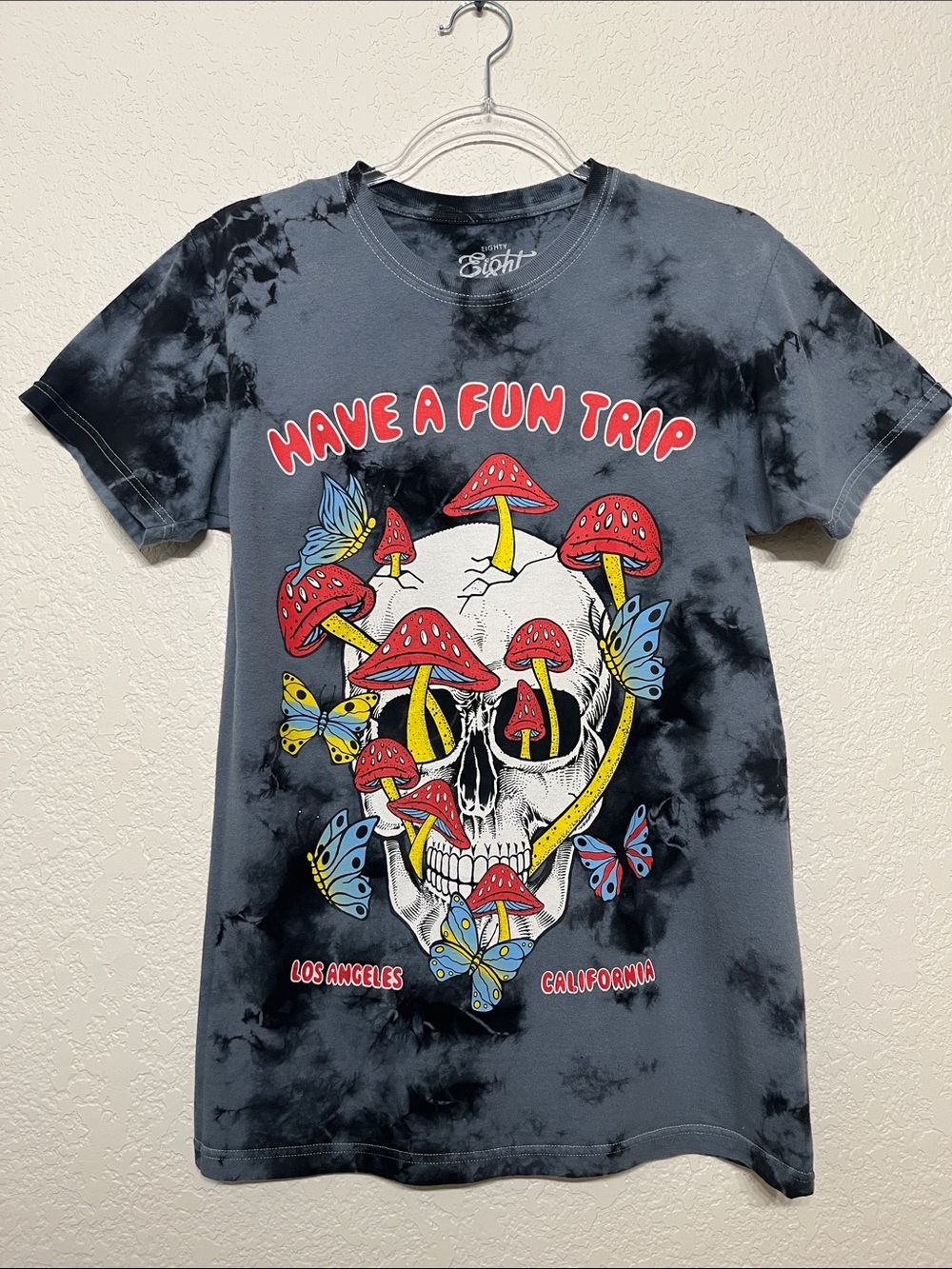 Eighty Eight Men’s Small Y2K Black Tie-Dye Skull & Mushroom Graphic T-Shirt
